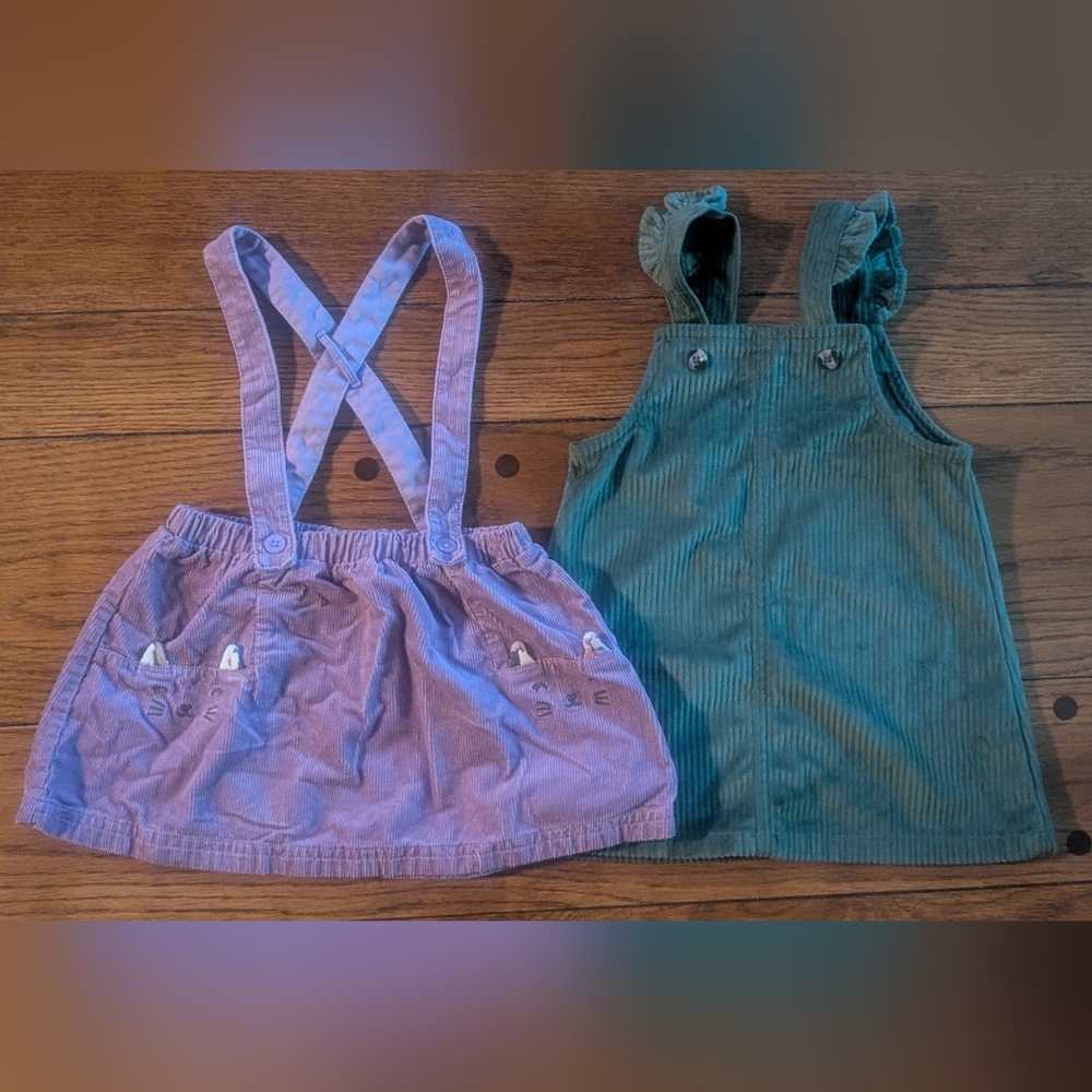 Corduroy Pinafore Dresses in Purple and Green